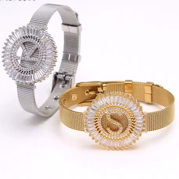 Stainless Steel luxurious initial Bracelet in 26 Alphabet braquette Cubic Zircon - Picture 1 of 9